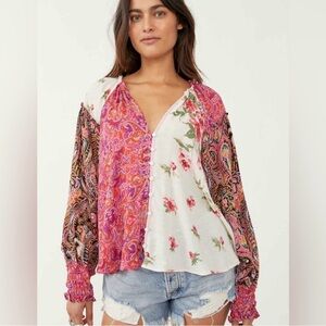 Free People Gemini Pink and White Floral Paisley Blouse